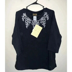 NWT Bob Mackie Wearable Art Black 3/4 Sleeve Embroidered Top Rhinestones Small
